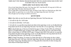 Quyết định 2318/QĐ-NHNN lãi suất tái cấp vốn,tái chiết khấu,cho vay qua đêm trong thanh toán điện tử liên ngân hàng và bù đắp thiếu hụt vốn thanh toán