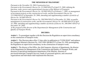 Decision No. 22/2008/QD-BGTVT of October 20, 2008, promulgating the regulation on supervision consultancy on the construction of transport works.