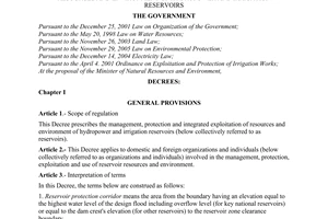 Decree No. 112/2008/ND-CP of October 20, 2008, on management, protection and integrated exploitation of resources and environment of hydropower and irrigation reservoirs.