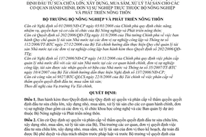 Quyết định 3214/QĐ-BNN-TC  uỷ quyền phân cấp thẩm quyền quyết định đầu tư sửa chữa lớn, xây dựng nhỏ, mua sắm, xử lý  tài sản