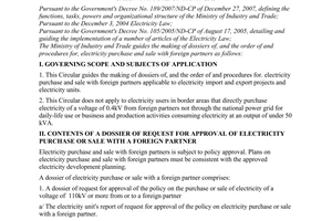 Circular No. 11/2008/TT-BCT of October 22, 2008, guiding the order of and procedures for electricity purchase and sale with foreign partners.