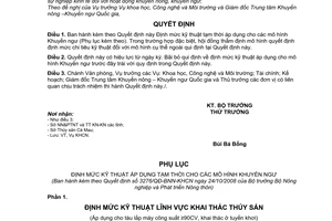 Quyết định 3276/QĐ-BNN-KHCN  Định mức kỹ thuật tạm thời áp dụng cho các chương trình Khuyến ngư
