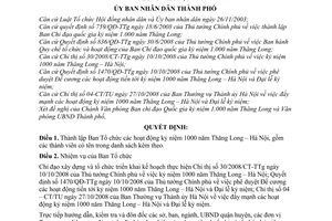 Quyết định 1576/QĐ-UBND thành lập Ban Tổ chức các hoạt động kỷ niệm 1000 năm