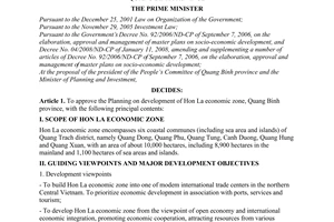 Decision No. 1545/QD-TTg of October 27, 2008, approving the development planning of Hon La Economic zone, Quang Binh province.