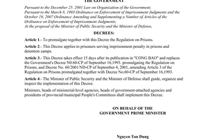 Decree No. 113/2008/ND-CP of October 28, 2008, promulgating the regulation on prisons.