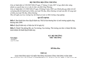 Quyết định 5749/QĐ-BCT thể lệ giải thưởng bảo vệ môi trường ngành công thương năm 2008