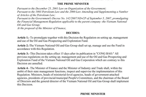 Decision No. 143/2008/QD-TTg of October 29, 2008, promulgating the regulation on setting up, management and use of the oil and gas prospecting and exploration fund.