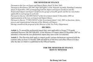 Decision No. 95/2008/QD-BTC of October 29, 2008, amending preferential import duty rates applicable to group 2710 goods on the preferential import tariff list