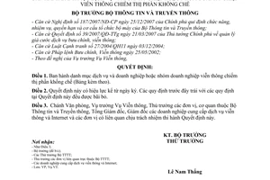 Quyết định 1622/QĐ-BTTTT danh mục dịch vụ và doanh nghiệp hoặc nhóm doanh nghiệp viễn thông chiếm thị phần khống chế