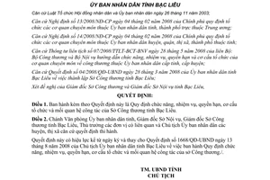 Quyết định 17/QĐ-UBND năm 2008 chức năng nhiệm vụ Sở Công thương Bạc Liêu