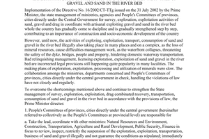 Directive No. 29/2008/CT-TTg of October 02, 2008, on the continuous enhancement of state management for survey, exploitation, transportstation and consumption activities of gravel and sand in the river bed