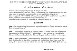 Quyết định 20/2008/QĐ-BGTVT quy định tạm thời về tổ chức và hoạt động của các trạm kiểm tra tải trọng xe
