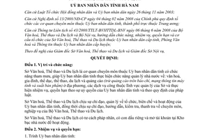Quyết định 20/2008/QĐ-UBND chức năng nhiệm vụ Sở Văn hoá Thể thao Hà Nam
