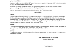 Decision No. 83/2008/QD-BTC of October 3, 2008, amending import duty rates applicable to a number of lines of goods on the preferential import tariff list.