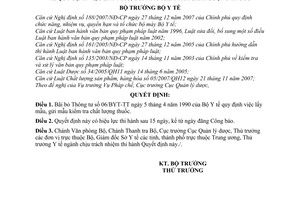 Quyết định 35/2008/QĐ-BYT bãi bỏ Thông tư 06/BYT-TT ngày 5 tháng 4 năm 1990 của Bộ Y tế quy định việc lấy mẫu, gửi mẫu kiểm tra chất lượng thuốc