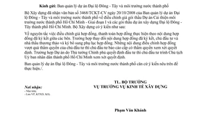 Công văn 302/BXD-KTXD Điều chỉnh giá gói thầu Dự án Cải thiện môi trường nước HCM - GĐ 1 và các gói thầu dự án xây dựng Đại lộ đông tây
