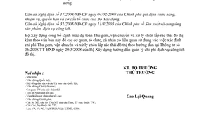 Công văn  2272/BXD-VP Công bố Định mức dự toán thu gom, vận chuyển và xử lý chôn lấp rác thải đô thị