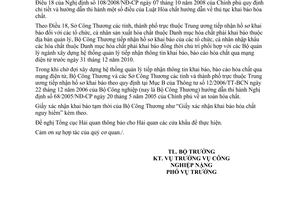 Công văn  10896/BCT-CNNg Xác nhận khai báo hóa chất nguy hiểm