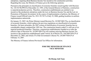 Official Dispatch No. 13571/BTC-CST of November 12, 2008, Business Income Tax incentives