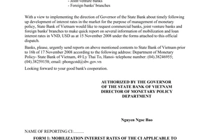 Official Dispatch No. 10080/NHNN-CSTT of November 13, 2008, providing information about mobilization and loan interest rate
