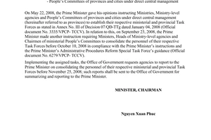 Official Dispatch No. 7970/VPCP-TCCV of November 19, 2008, implementing the Prime Minister’s instruction on consolidating the personnel of ministerial and provincial Task Forces