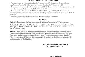 Decision No. 2559/QD-NHNN of November 3, 2008, on the base interest rate in Vietnam dong