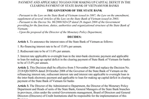 Decision No. 2561/QD-NHNN of November 3, 2008, on refinancing interest rate, rediscount interest rate and interest rate applicable to overnight loan in the inter-bank electronic payment and applicable to loan for making up capital deficit in the clearing payment of State Bank of Vietnam for banks