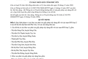 Quyết định 1805/2008/QĐ-UBND khu vực phải xin giấy phép xây dựng trạm BTS Phú Yên