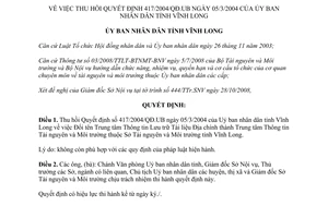 Quyết định 23/2008/QĐ-UBND thu hồi 417/2004/QĐ-UB Trung tâm Thông tin Tài nguyên môi trường Vĩnh Long.