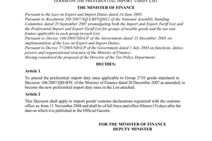 Decision No. 99/2008/QD-BTC of November 7, 2008, amending preferential import duty rates applicable to group 2710 goods on the preferential import tariff list.