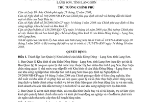 Quyết định 1601/QĐ-TTg thành lập Ban Quản lý Khu kinh tế cửa khẩu Đồng Đăng – Lạng Sơn, tỉnh Lạng Sơn