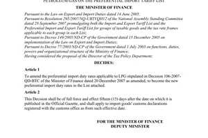 Decision No. 100/2008/QD-BTC of November 10, 2008, amending preferential import duty rates applicable to liquefied petroleum gas on the preferential import tariff list.
