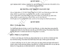 Quyết định 342/QĐ-UBDT quy định chức năng, nhiệm vụ, quyền hạn và cơ cấu tổ chức của Vụ Chính sách dân tộc
