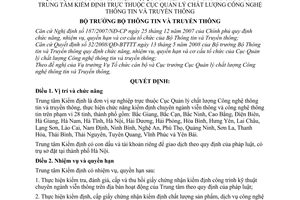 Quyết định 1693/QĐ-BTTTT chức năng,nhiệm vụ,quyền hạn và cơ cấu tổ chức của Trung tâm kiểm định trực thuộc Cục quản lý chất lượng CNTT và truyền thông
