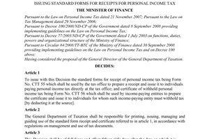 Decision No. 102/2008/QD-BTC of November 12th, 2008, issuing standard forms for receipts for personal income tax.