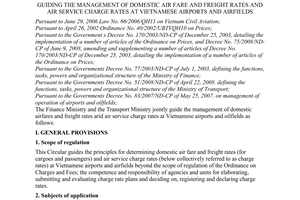 Joint Circular No. 103/2008/TTLT-BTC-BGTVT of November 12, 2008, guiding the management of domestic air fare and freight rates and air service charge rates at Vietnamese airports and airfields.