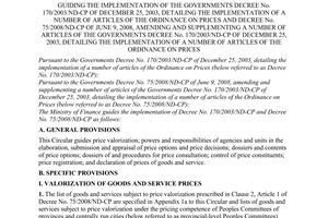 Circular No. 104/2008/TT-BTC of November 13, 2008, guiding the implementation of the Governments Decree No. 170/2003/ND-CP of DECEMBER 25, 2003, detailing the implementation of a number of articles of the Ordinance on prices and Decree No. 75/2008/ND-CP of June 9, 2008, amending and supplementing a number of articles of the Government’s Decree No. 170/2003/ND-CP of December 25, 2003, detailing the implementation of a number of articles of the Ordinance on prices.