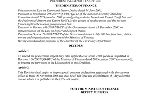 Decision No. 105/2008/QD-BTC of November 14, 2008, issuing import duty rates applicable to group 2710 goods on the preferential import tariff list.