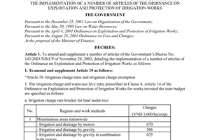 Decree No. 115/2008/ND-CP of November 14, 2008, amending and supplementing a number of articles of The Government’s Decree No. 143/2003/ND-CP of November 28, 2003, detailing the implementation of a number of articles of the Ordinance on exploitation and protection of irrigation works.