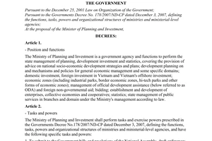 Decree No. 116/2008/ND-CP of November 14, 2008, defining the functions, tasks, powers and organizational structure of the Ministry of Planning and Investment.