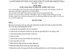 Nghị quyết 27/2008/QH12 chương trình xây dựng luật, pháp lệnh năm 2009 và bổ sung chương trình xây dựng luật, pháp lệnh của Quốc hội nhiệm kỳ XII