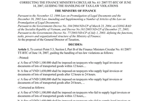 Decision No. 2538/QD-BTC of November 17, 2008, correcting The Finance Ministrys Circular No. 61/ 2007/TT-BTC of June 14, 2007, guiding the handling of tax-Law violations.