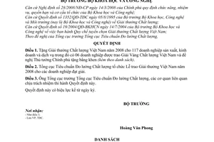 Quyết định 2553/QĐ-BKHCN trao tặng giải thưởng chất lượng Việt Nam năm 2008