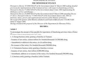 Decision No. 106/2008/QD-BTC of November 17, 2008, on collection, management and use of fees for registration of franchising activities.