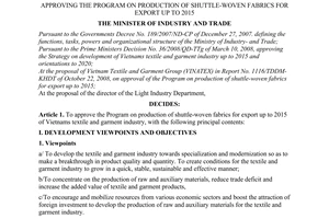 Decision No. 43/2008/QD-BCT of November 19, 2008, approving the program on production of shuttle-woven fabrics for export up to 2015.