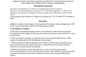 Decision No. 1686/QD-TTg of November 20, 2008, approving the strategy for development of Vietnamese railway transport up to 2020 with a vision toward 2050.