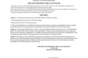 Decision No. 2810/QD-NHNN of November 20, 2008, on refinancing interest rate, rediscount interest rate and interest rate applicable to overnight loan in the Inter-bank electronic payment and applicable to loan for making up capital deficit in the clearing payment of state bank of Vietnam for banks
