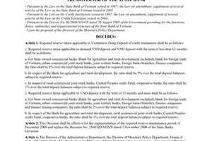 Decision No. 2811/QD-NHNN of November 20, 2008, en the adjustment of required reserve ratio for Vietnamese dong deposit of credit institutions