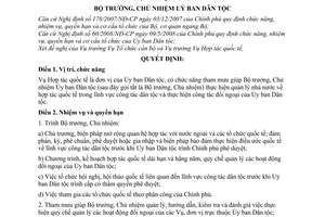 Quyết định 355/QĐ-UBDT quy định chức năng, nhiệm vụ, quyền hạn và cơ cấu tổ chức của Vụ Hợp tác quốc tế