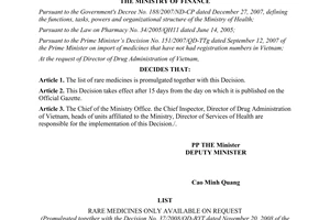Decision No. 37/2008/QD-BYT promulgation of list of rare medicines only available on request